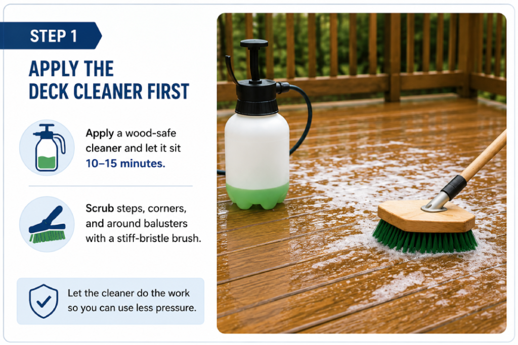 Applying deck cleaner to wood deck