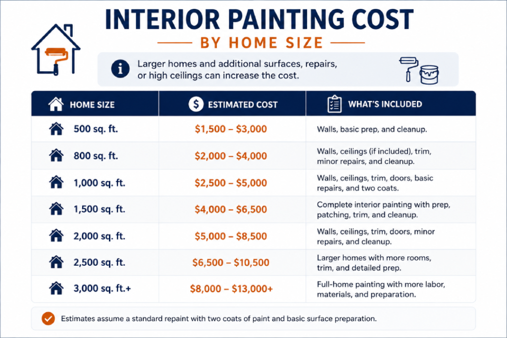 Interior painting cost by home size chart