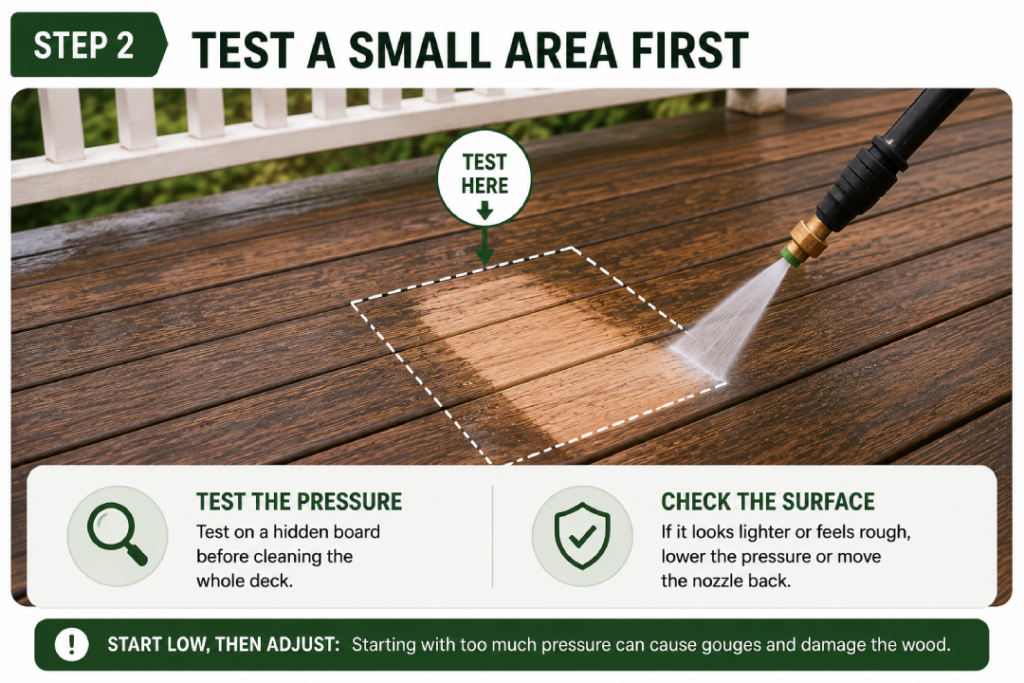 Test a small area before pressure washing