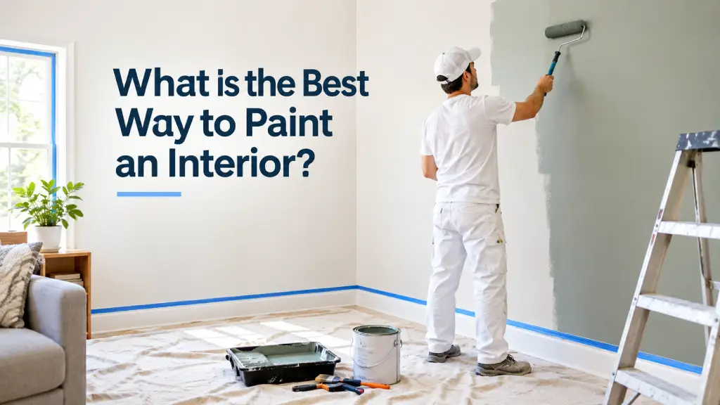 Painter applying paint to an interior wall in a bright modern home