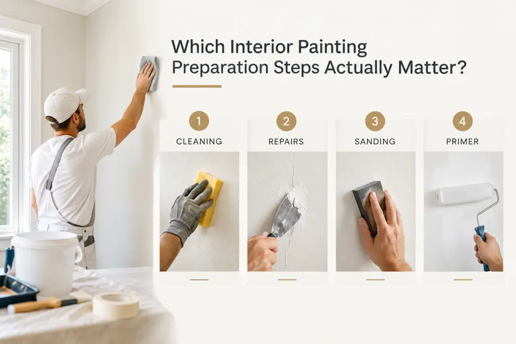 Interior painting preparation steps including cleaning, wall repairs, sanding, and primer application