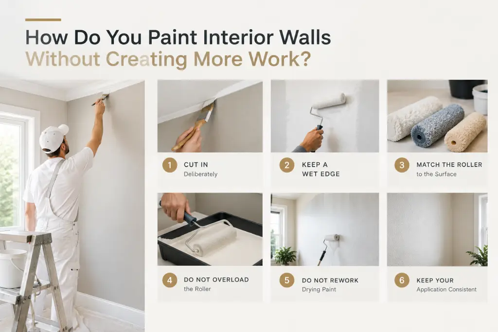 Interior wall painting techniques for clean application, including cutting in, wet edge, roller selection, and consistent coverage